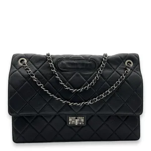 2.55 Document Large Black Shoulder Bag in Lambskin, Brushed Silver hardware