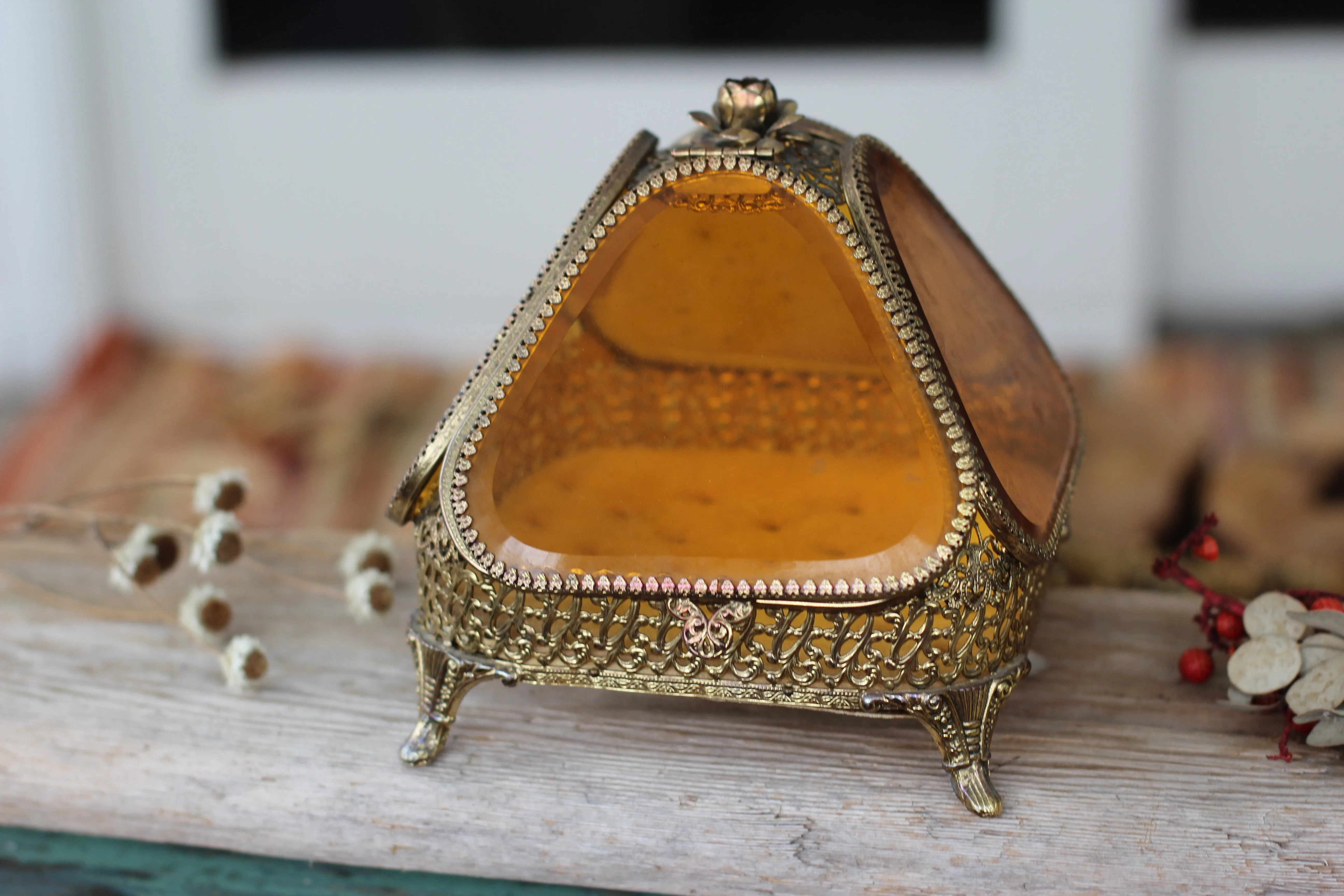 Antique Rare Floral French Victorian Amber Glass Jewelry Box