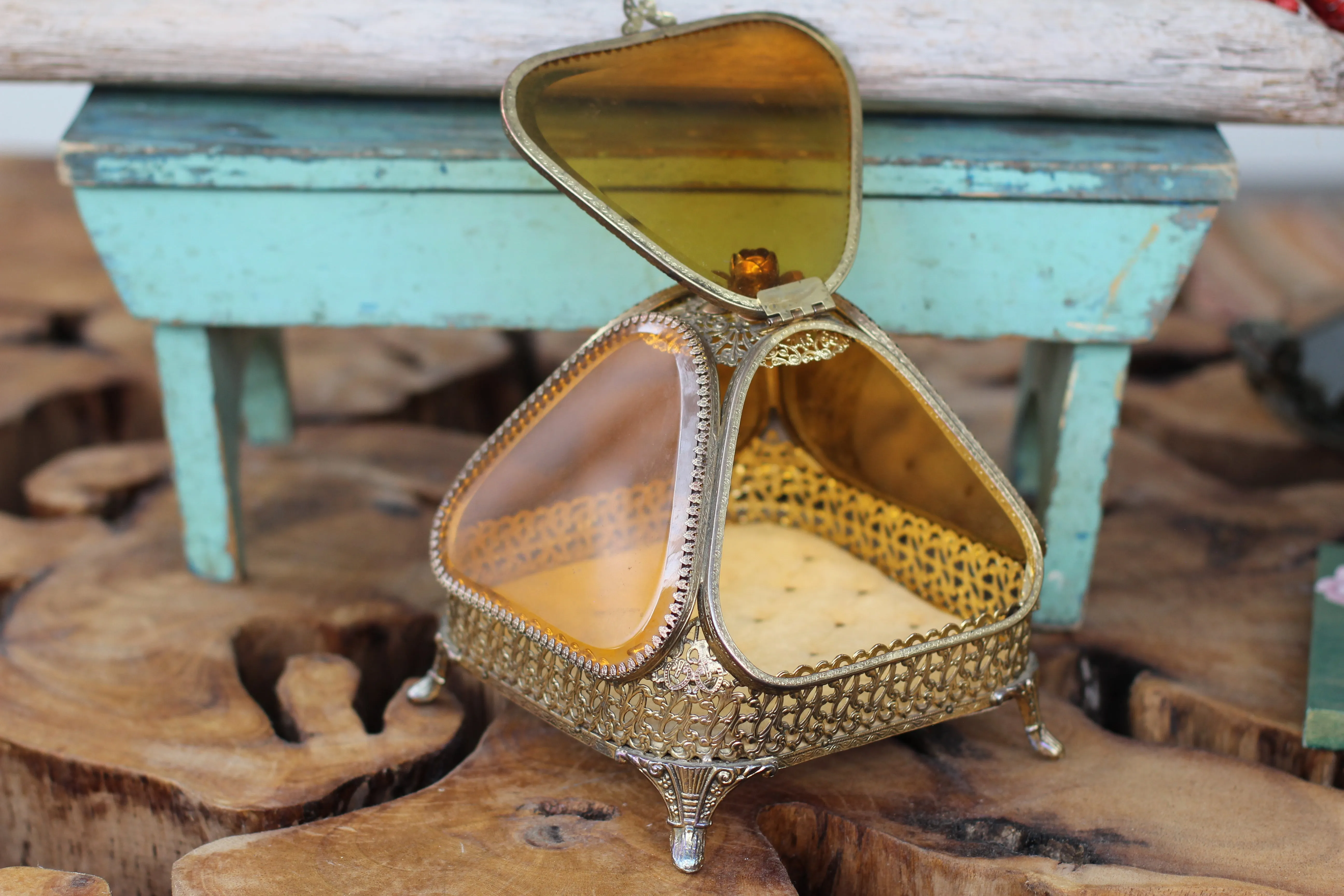 Antique Rare Floral French Victorian Amber Glass Jewelry Box
