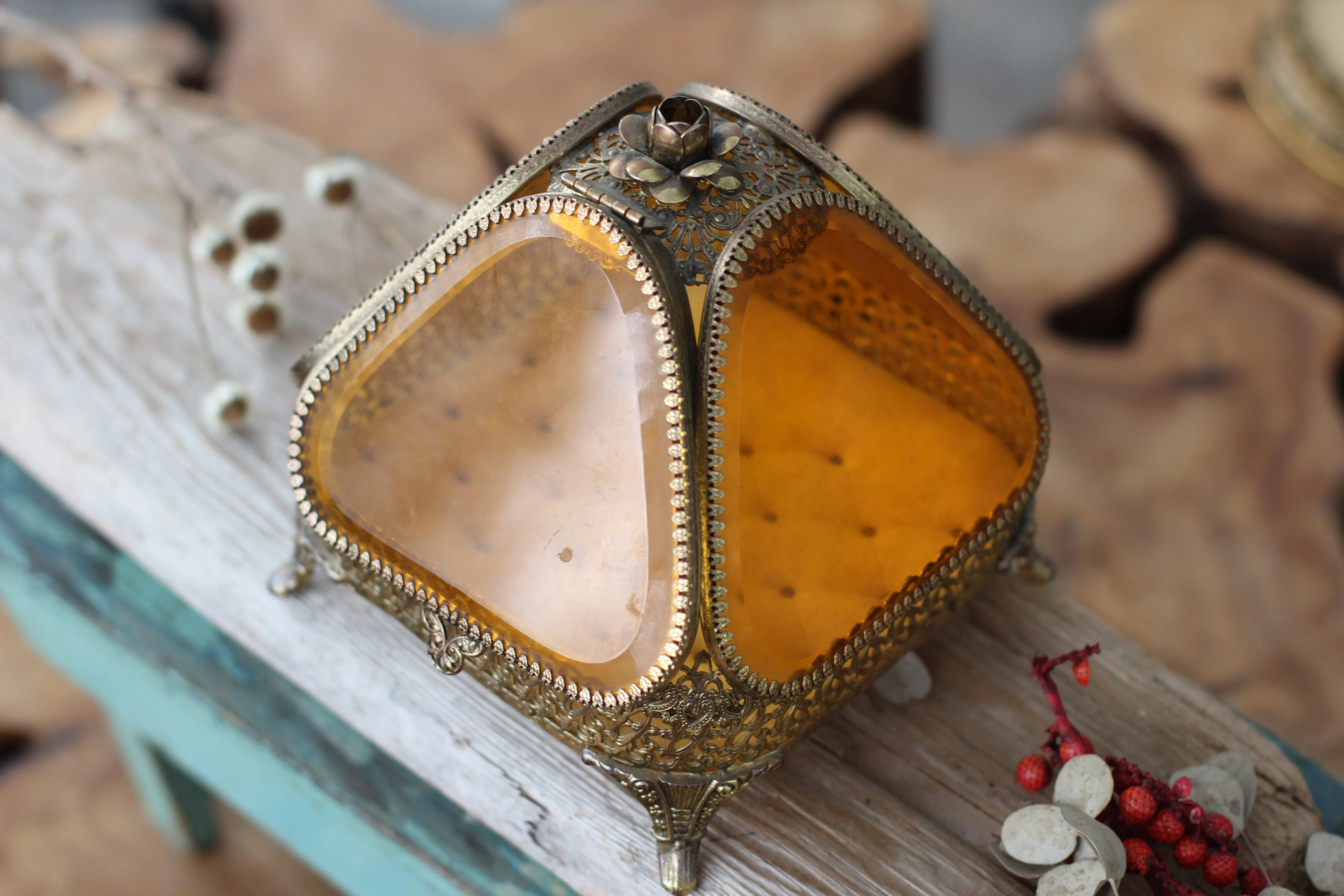 Antique Rare Floral French Victorian Amber Glass Jewelry Box