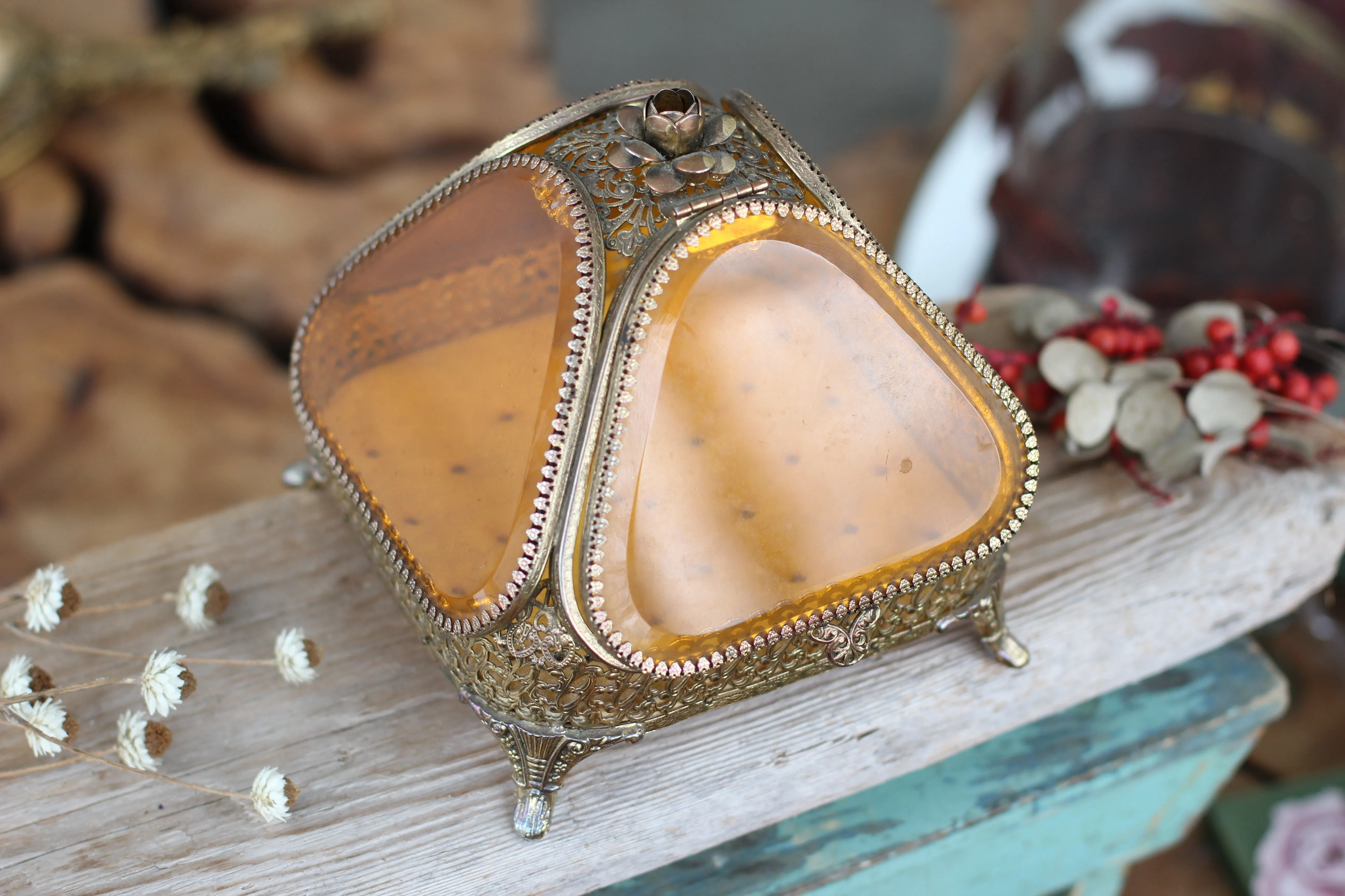Antique Rare Floral French Victorian Amber Glass Jewelry Box