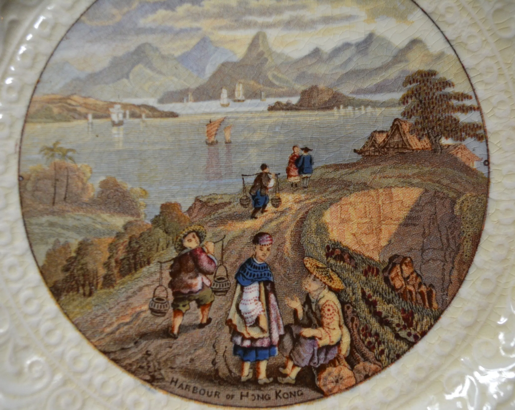 Antique View of Hong Kong Harbour Square Brown Transferware Hand Painted English Chinoiserie Plate Scrolled Relief Border