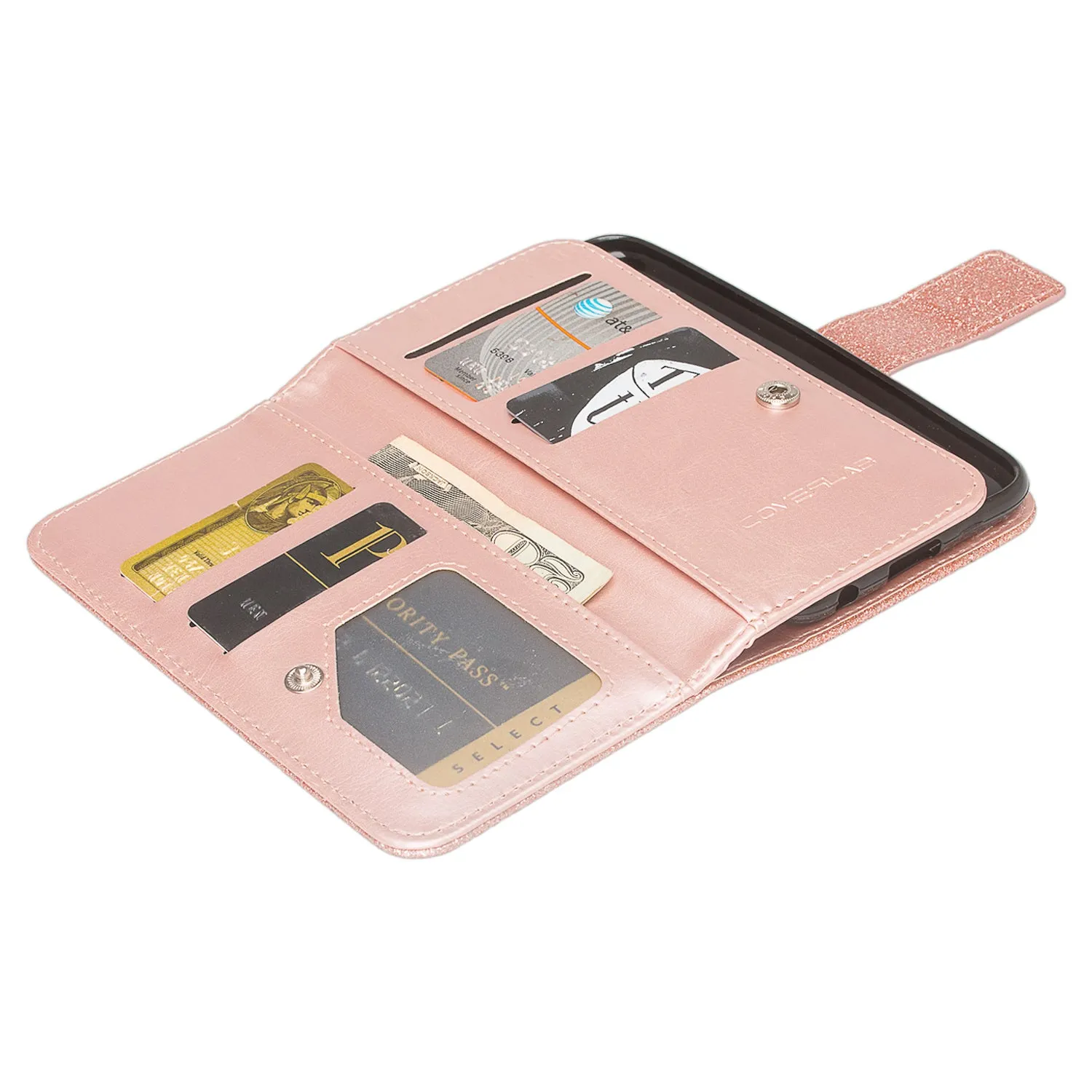 Apple iPhone 11 Case, iPhone 11 Case, Glitter Faux Leather Flip Credit Card Holder Wrist Strap Shockproof Protective Wallet Case Clutch for iPhone 11 - Rose Gold