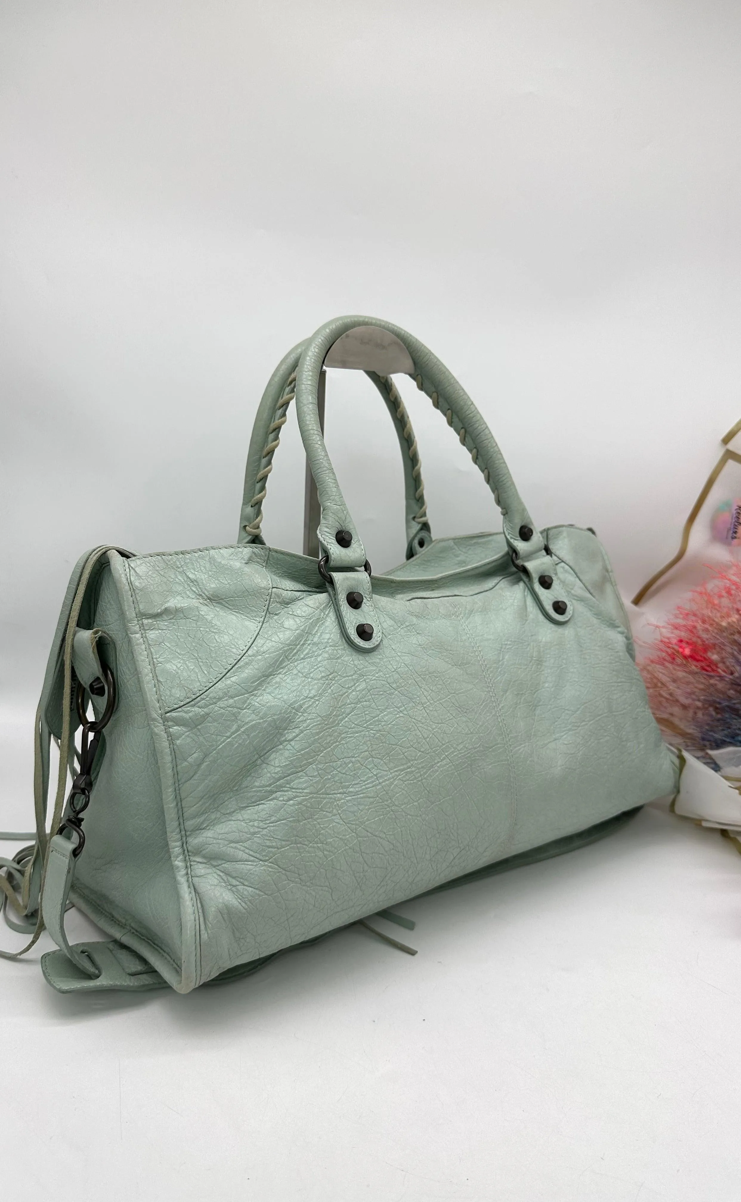 BAlENCIAGA Mint Green Leather Giant Part Time RH Tote