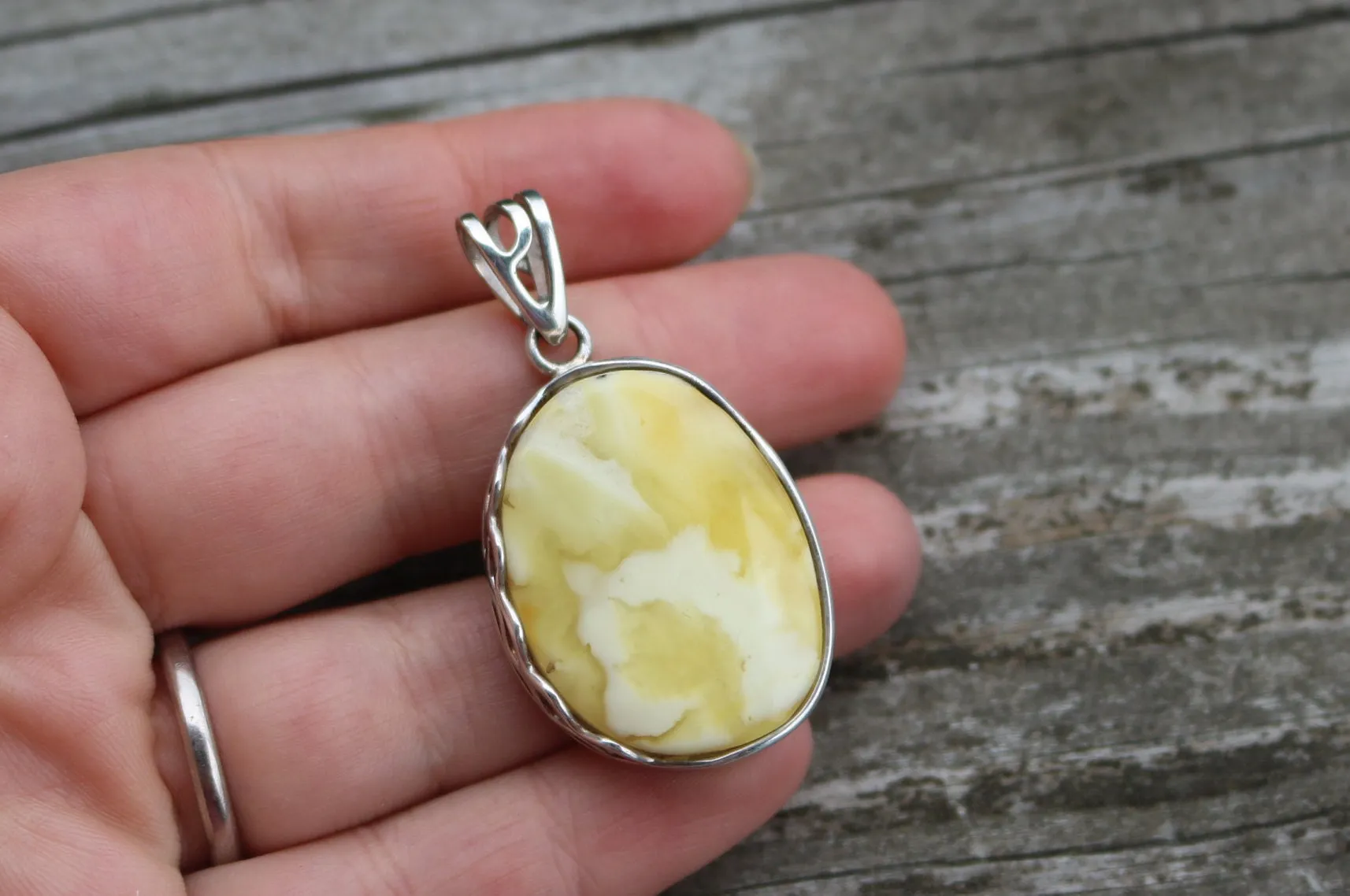 Baltic Amber Royal White Butterscotch Pendant Natural Milky 1.9" 12 gram 925 Silver