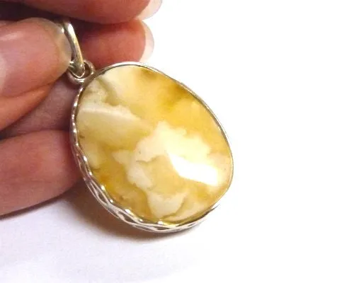 Baltic Amber Royal White Butterscotch Pendant Natural Milky 1.9" 12 gram 925 Silver