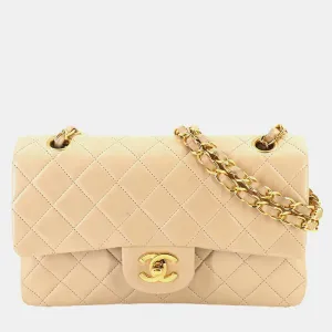 Beige Leather Small Classic Double Flap Bag