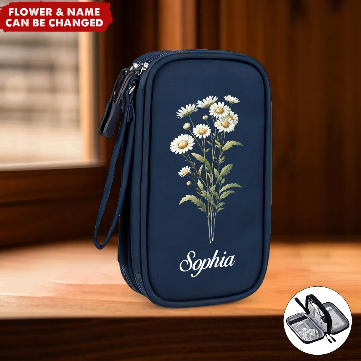 Birth Flower Electronic Accessories Cable Double Layers Travel Personalized Organizer Bag