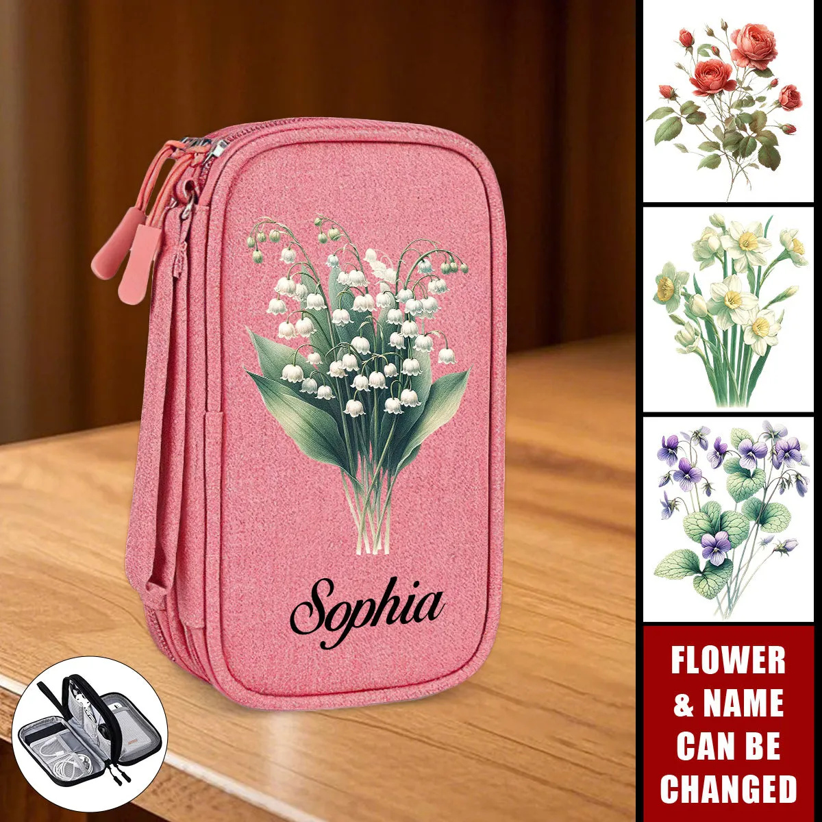 Birth Flower Electronic Accessories Cable Double Layers Travel Personalized Organizer Bag