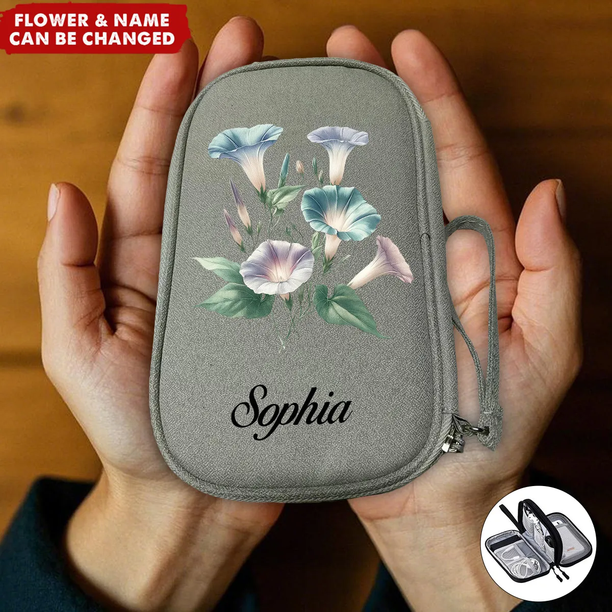 Birth Flower Electronic Accessories Cable Double Layers Travel Personalized Organizer Bag
