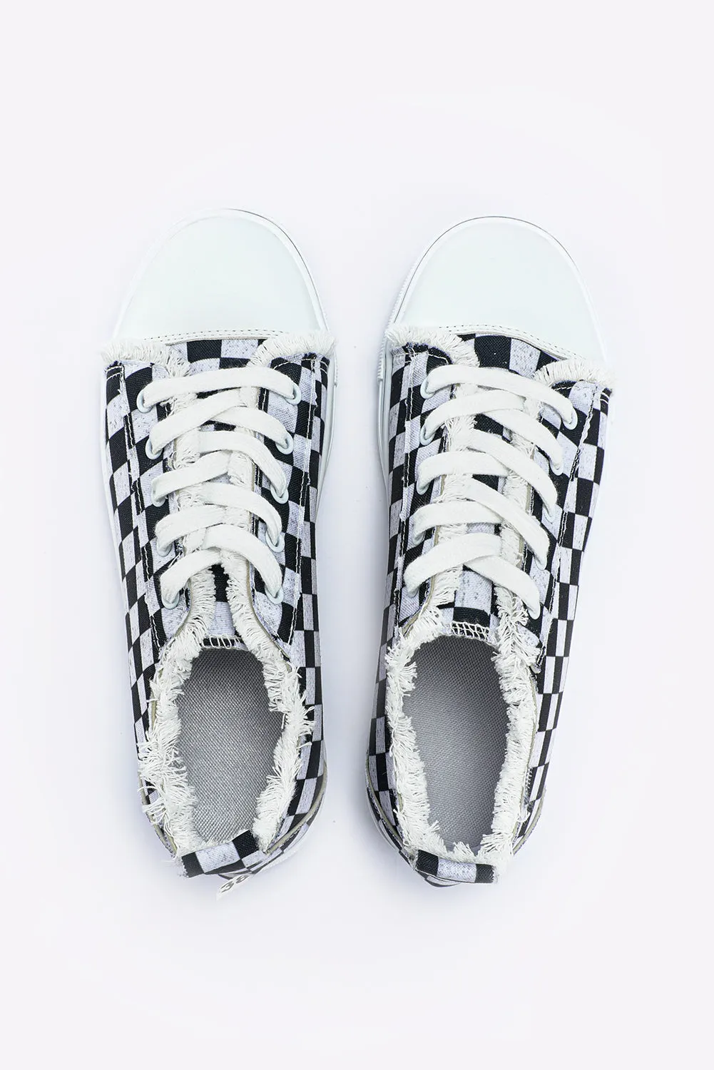 Black Checkered Print Raw Edge Lace-up Canvas Sneakers