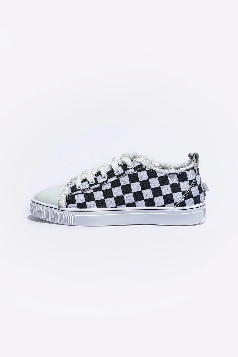 Black Checkered Print Raw Edge Lace-up Canvas Sneakers