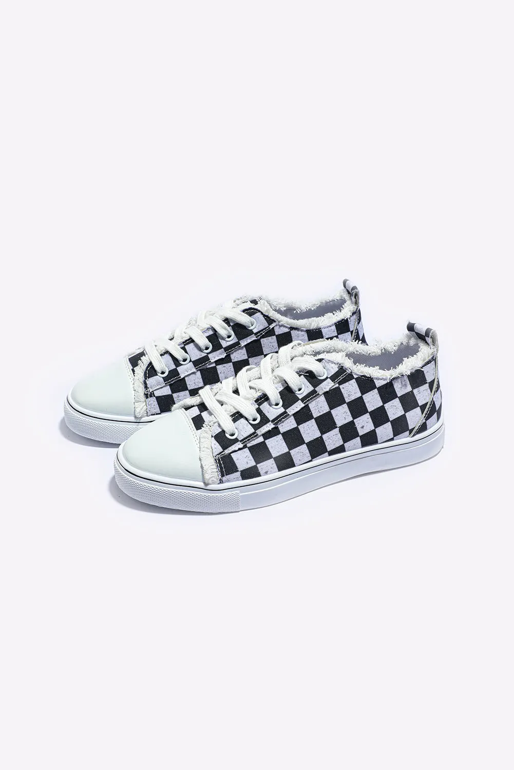 Black Checkered Print Raw Edge Lace-up Canvas Sneakers