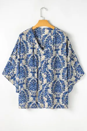Blue Plus Size Ethnic Printed 3/4 Sleeve V Neck Loose Blouse