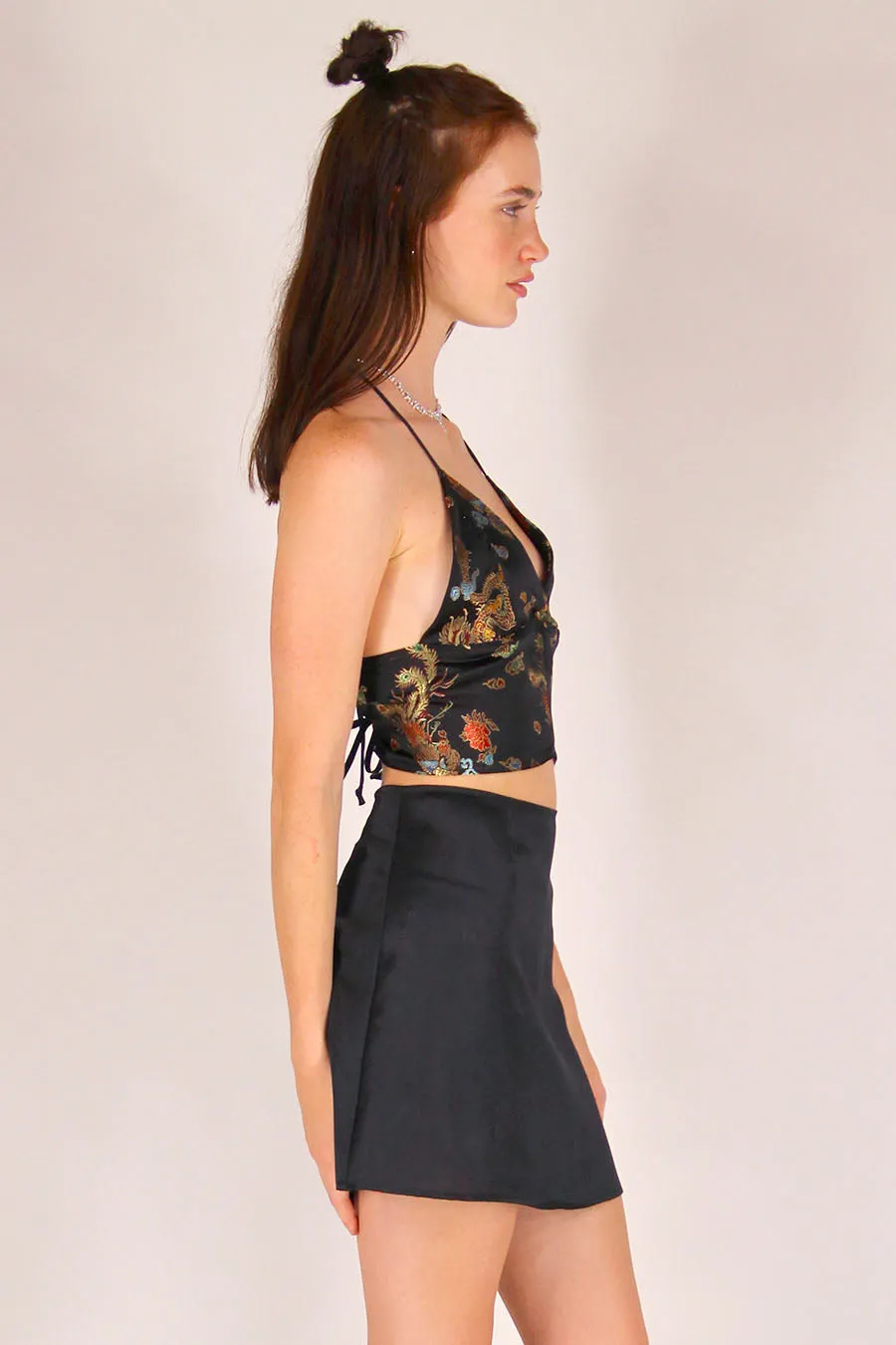 Bralette Crop Top - Black Satin with Dragons
