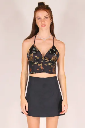 Bralette Crop Top - Black Satin with Dragons