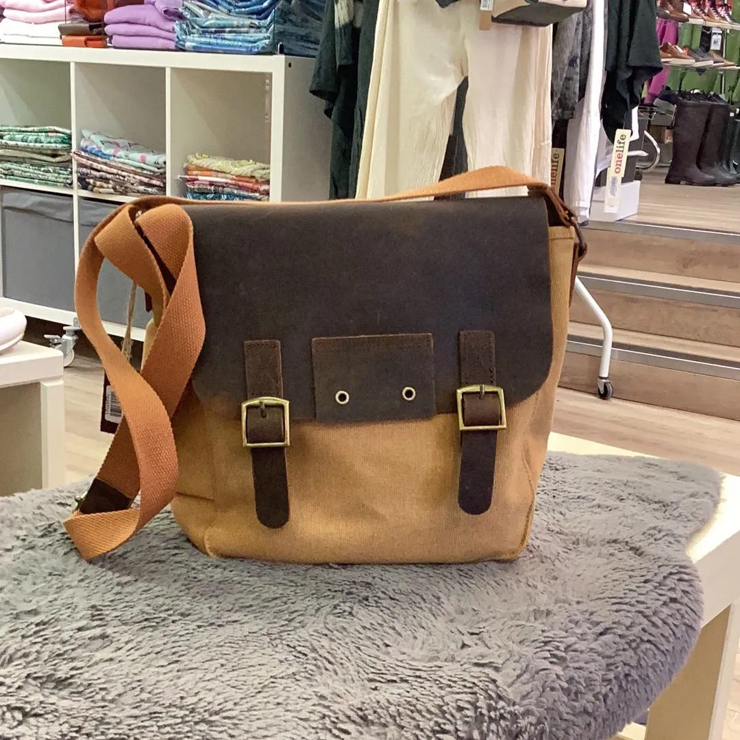 Canvas Crossbody Bag - leather flap