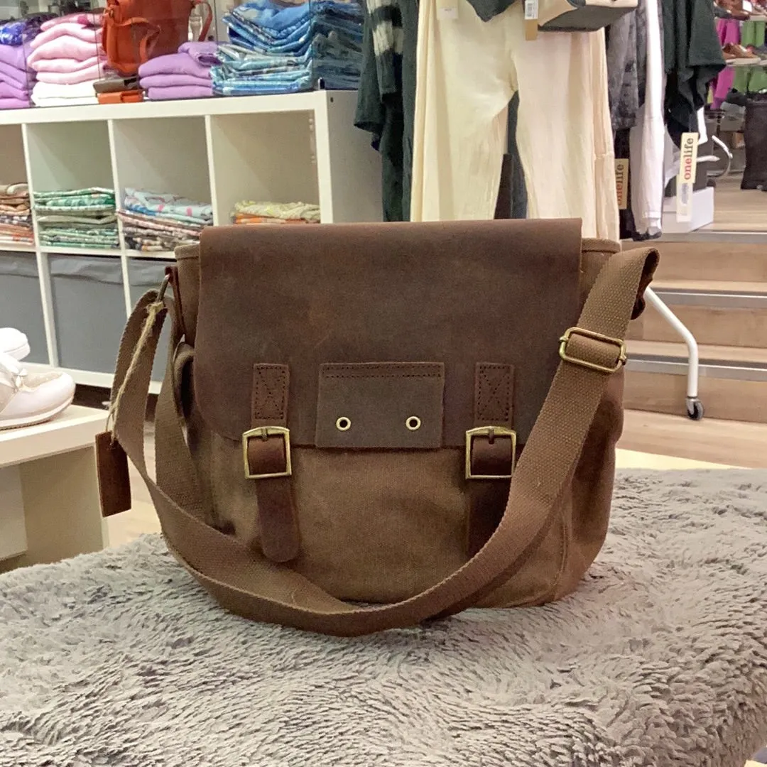 Canvas Crossbody Bag - leather flap