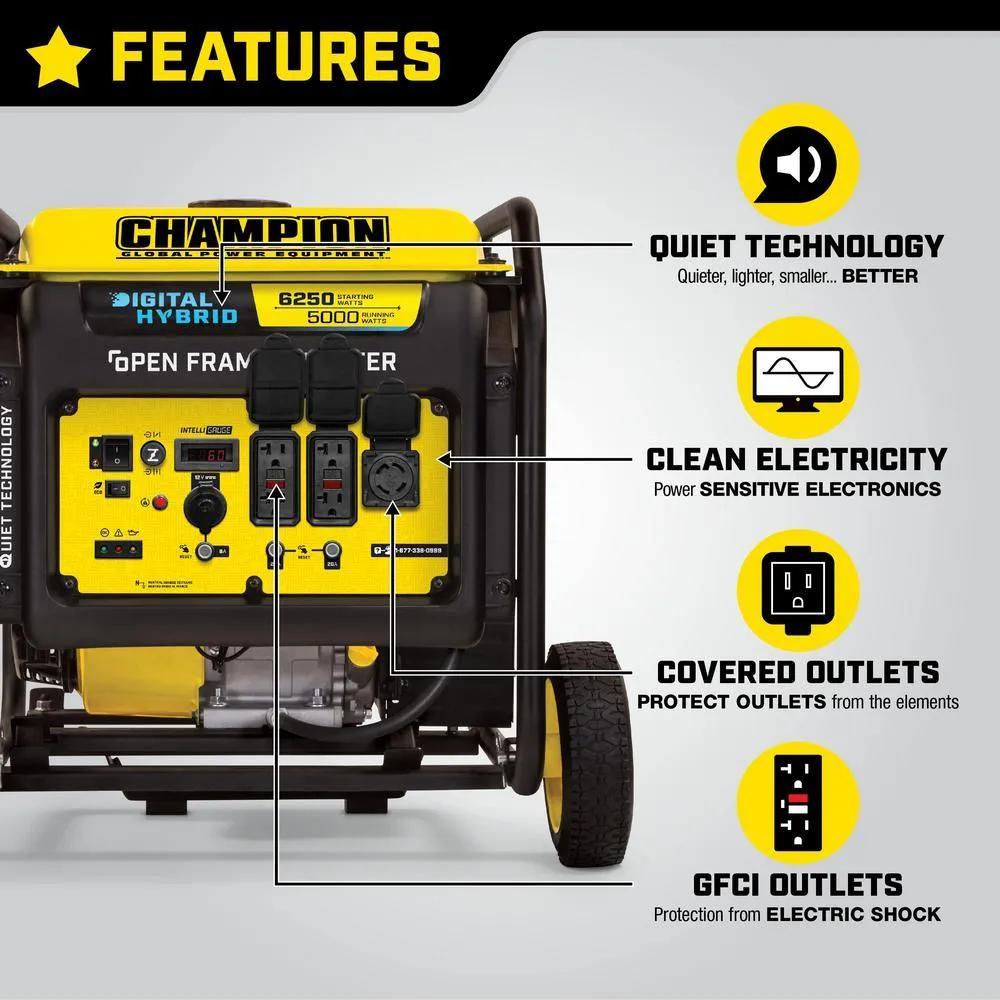 Champion 100519 5000W/6250W Open Frame Gas Inverter Generator New