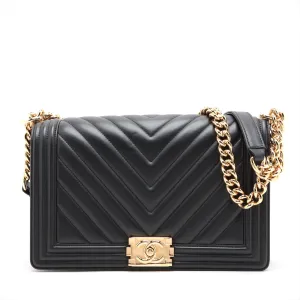 Chanel Boy Chanel 28   Chain Shoulder Bag Black Gold  28th A92193