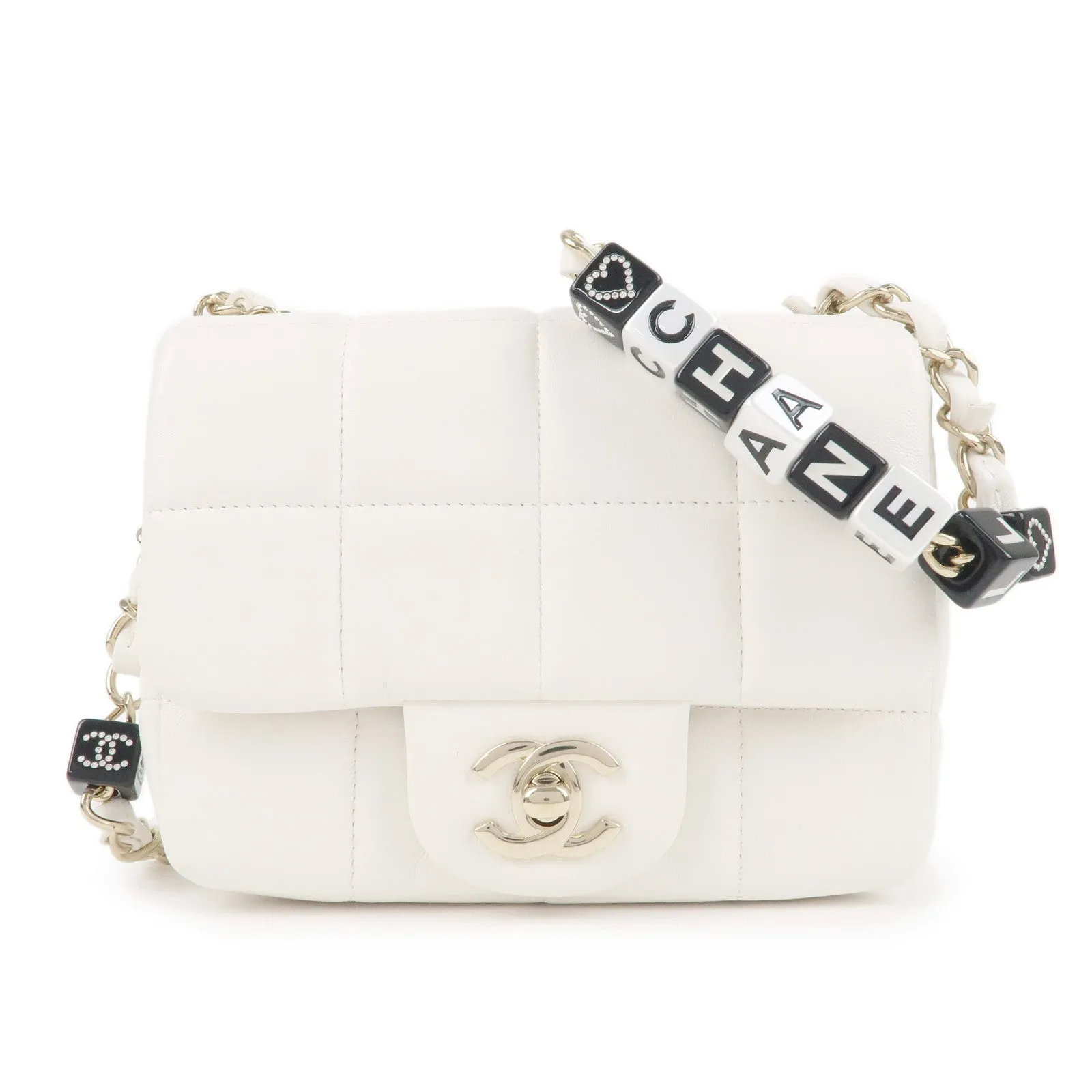 CHANEL Chocolate Bar Mini Matelasse Lamb Skin Shoulder Bag White