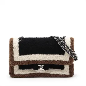 Chanel Cocomark Mouton Double Flap Double Chain Top Bag Black x Brown Silver  23rd