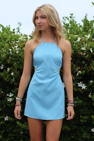 Cut-out Halter Dress - Baby Blue Gingham