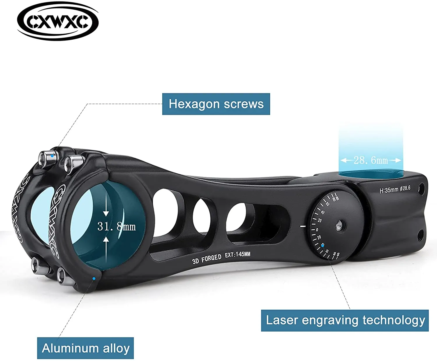 CXWXC Adjustable MTB Stem 31.8mm 70 Degree - 90/110/145mm Bike Stem Riser for Handlebar - Aluminum Alloy Mountain Bike Handlebar Riser Exten
