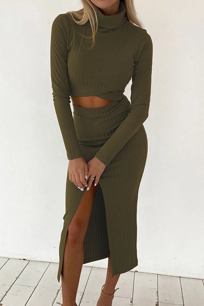 Elegant Solid Slit Turtleneck Long Sleeve Two Pieces(4 Colors)