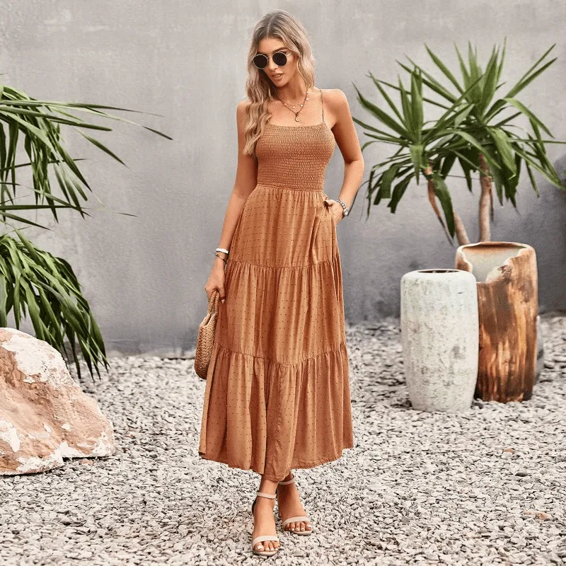 Elegant Strap Dress for Women Pure Color Long Dress