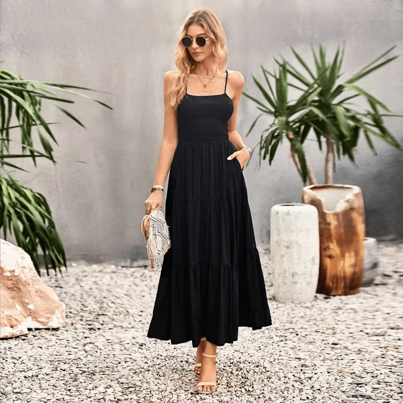 Elegant Strap Dress for Women Pure Color Long Dress