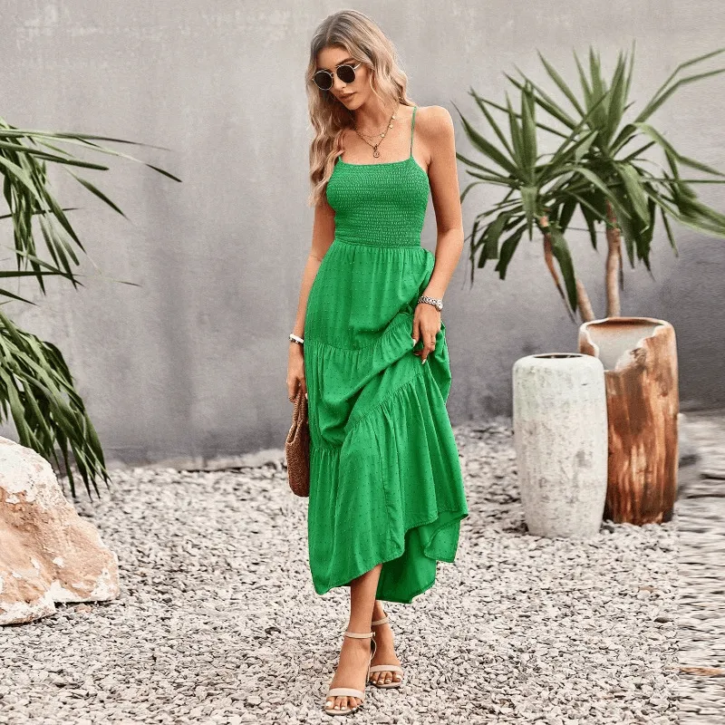 Elegant Strap Dress for Women Pure Color Long Dress
