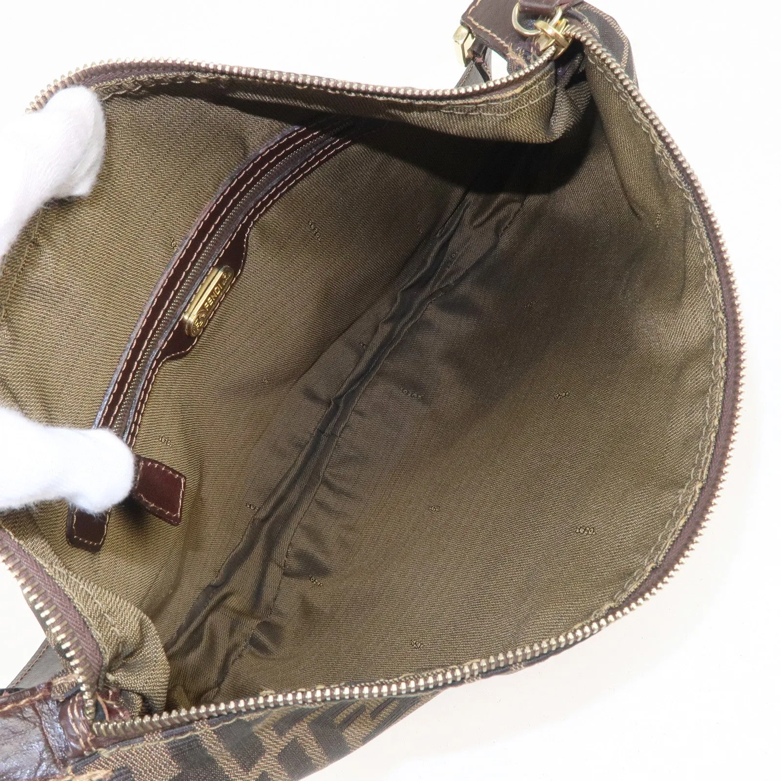 FENDI Zucca Canvas Leather Shoulder Bag Brown Black