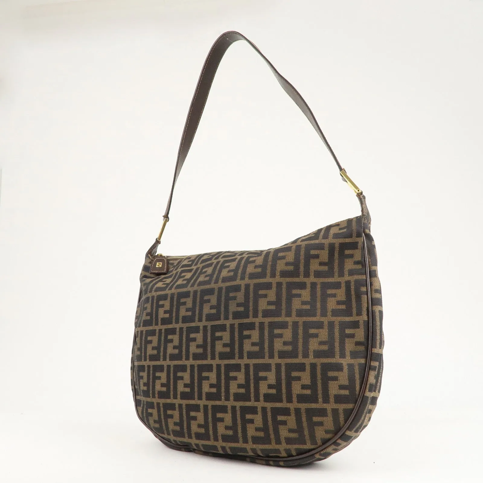 FENDI Zucca Canvas Leather Shoulder Bag Brown Black