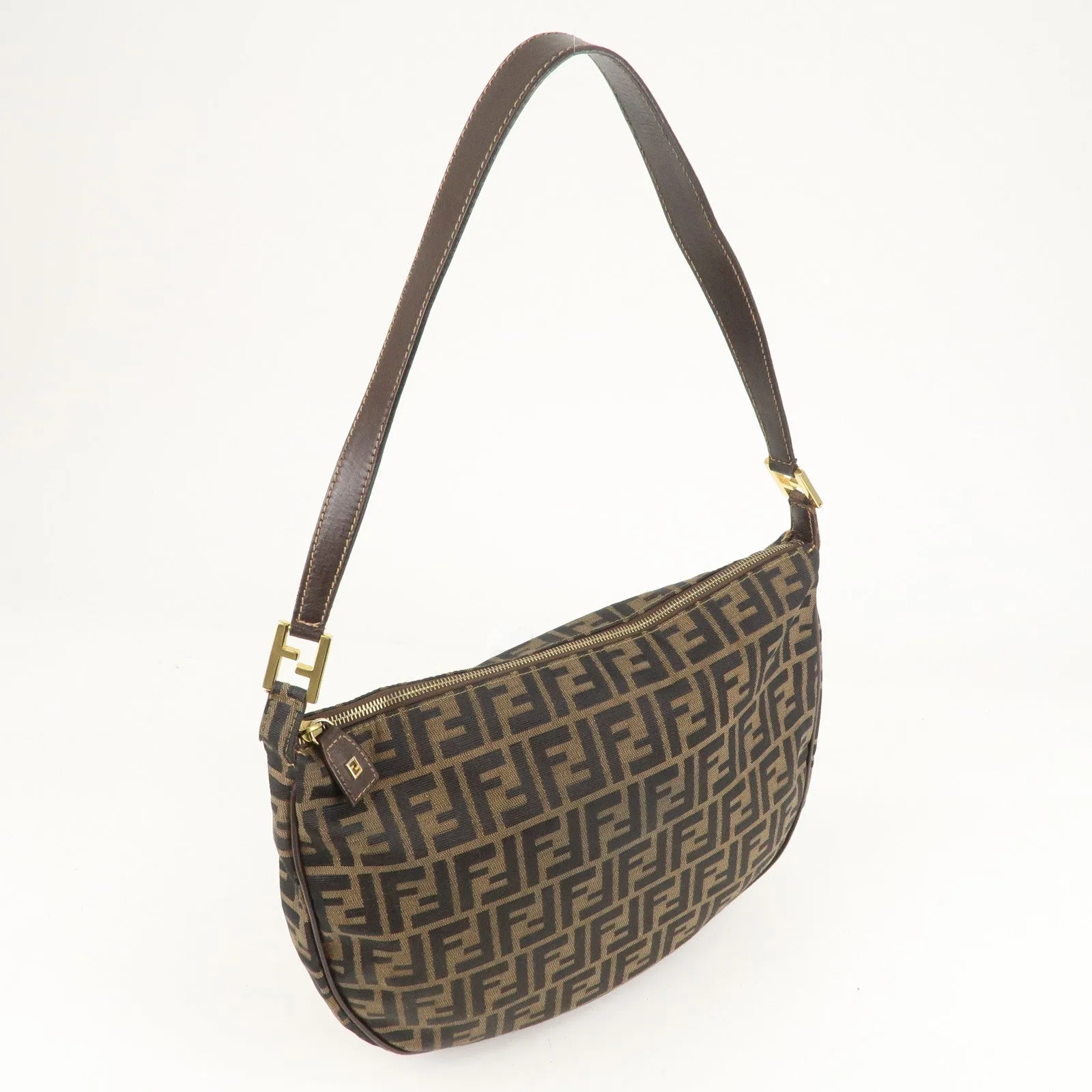 FENDI Zucca Canvas Leather Shoulder Bag Brown Black