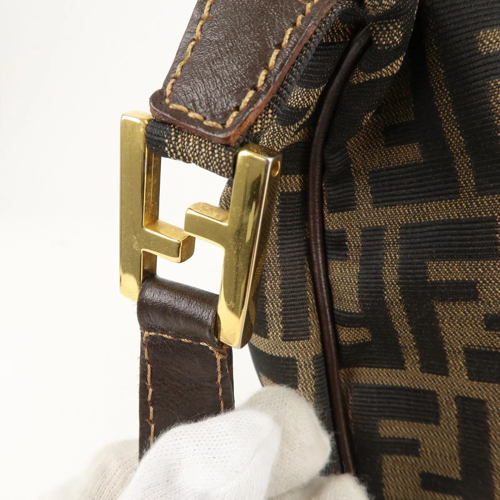 FENDI Zucca Canvas Leather Shoulder Bag Brown Black