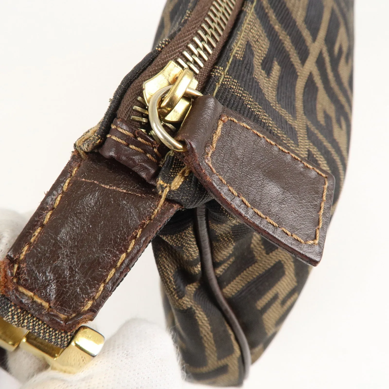 FENDI Zucca Canvas Leather Shoulder Bag Brown Black