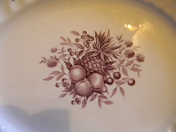 Flowers Fruits Apples Pears Pineapple and Roses Purple Transferware Plate