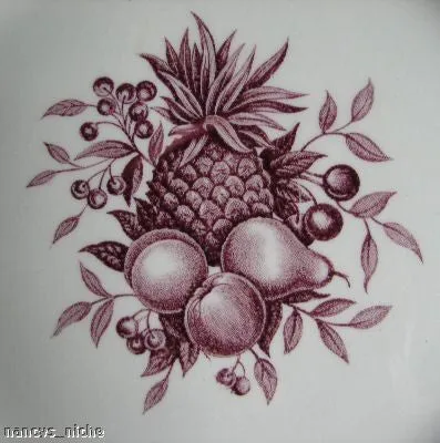 Flowers Fruits Apples Pears Pineapple and Roses Purple Transferware Plate