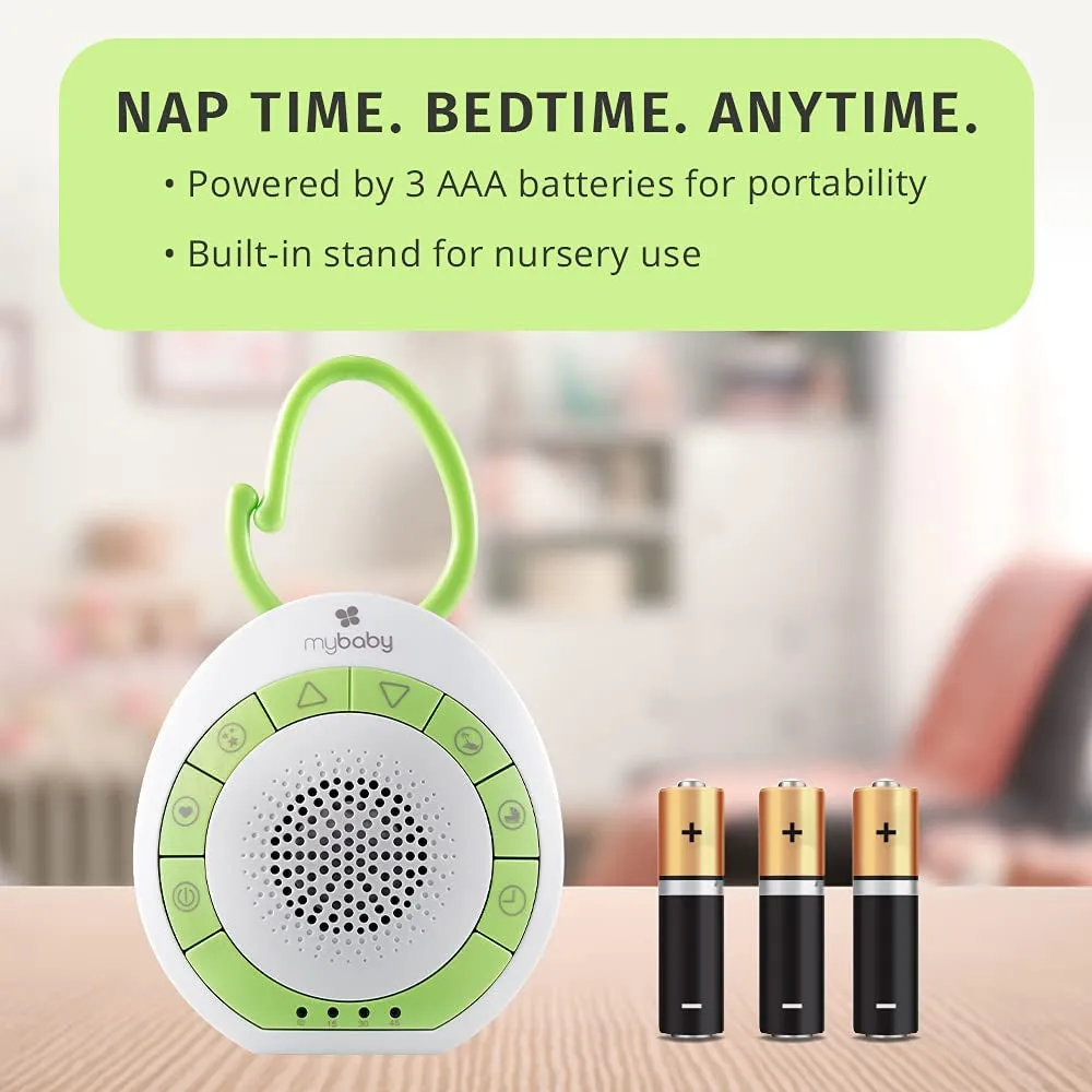 Mybaby Soundspa On‐The‐Go, Plays 4 Soothing Sounds, Adjustable Volume Control, Adjustable Clip for Strollers, Diaper Bags, Car Seats, Small and Lightweight, Auto Timer, MYB‐S115