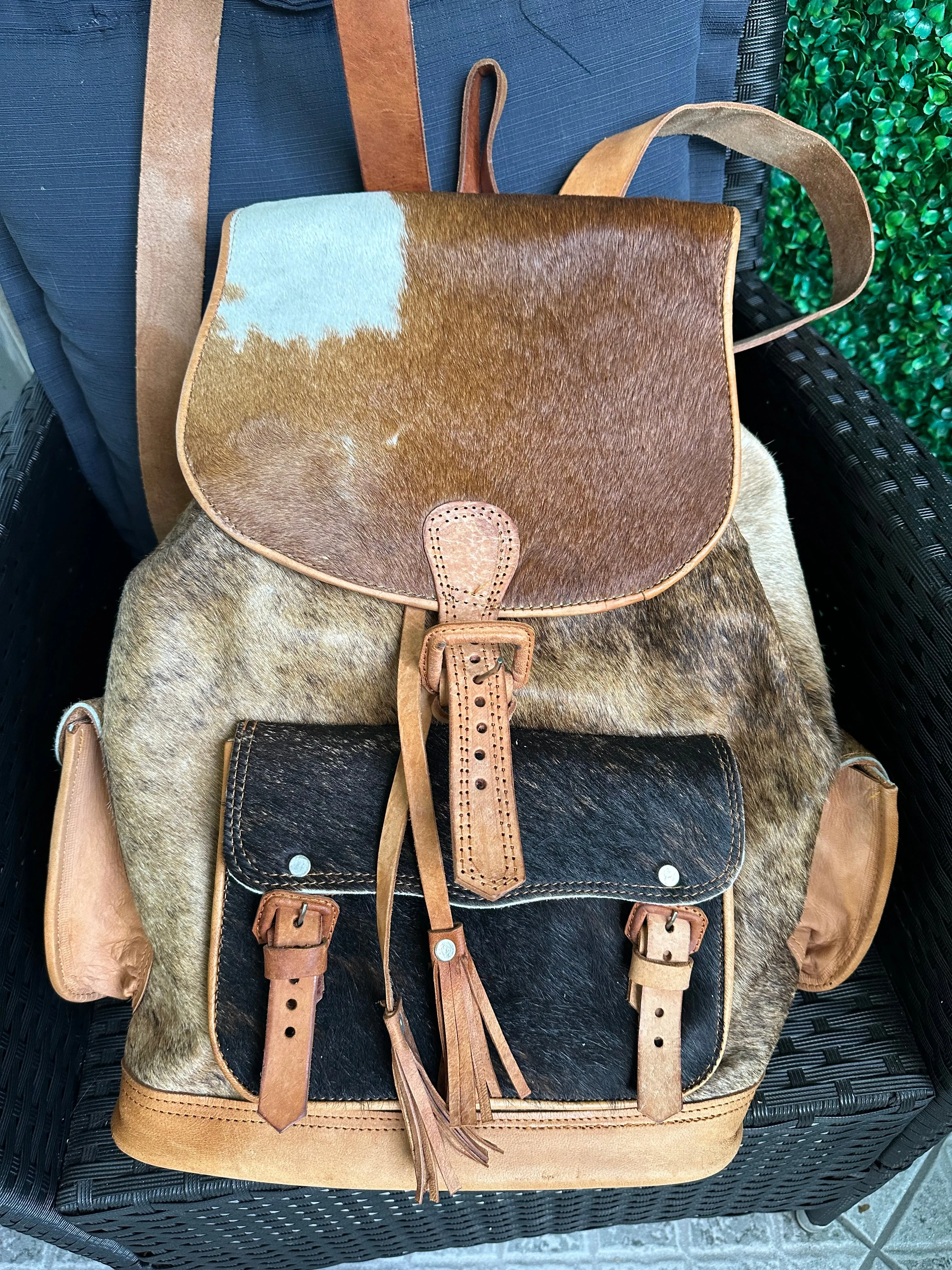 New Southwest Cowboy Hair on Cowhide Leather Oversized Backpack
