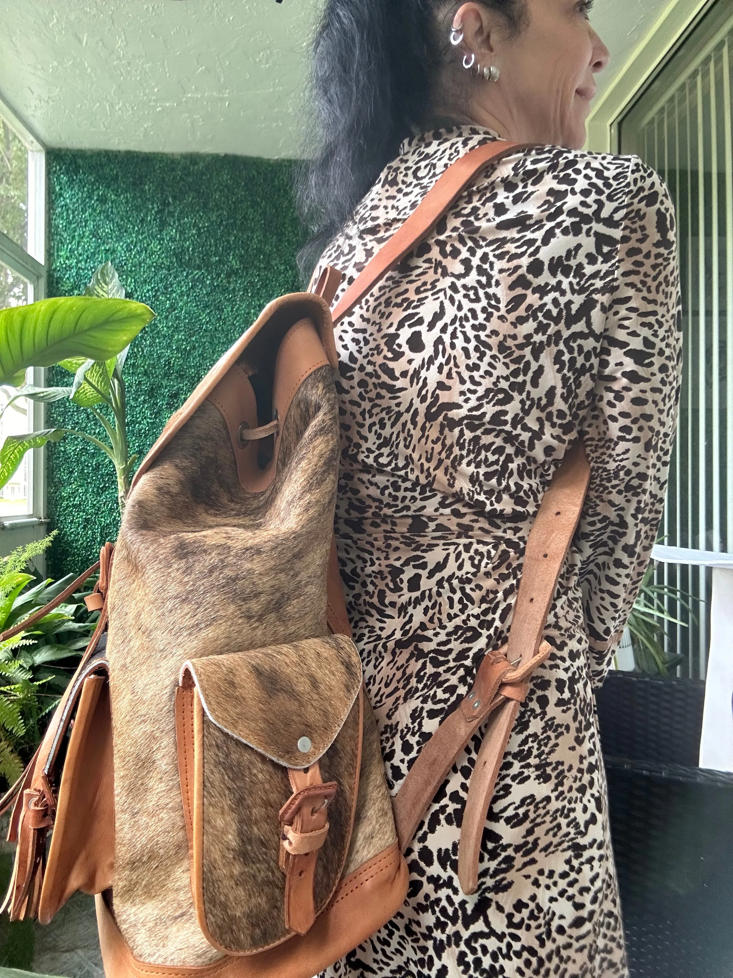 New Southwest Cowboy Hair on Cowhide Leather Oversized Backpack
