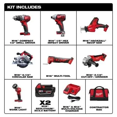Open Box -  Milwaukee M18 18-Volt Lithium-Ion Cordless Combo Tool Kit (7-Tool) Two Batteries