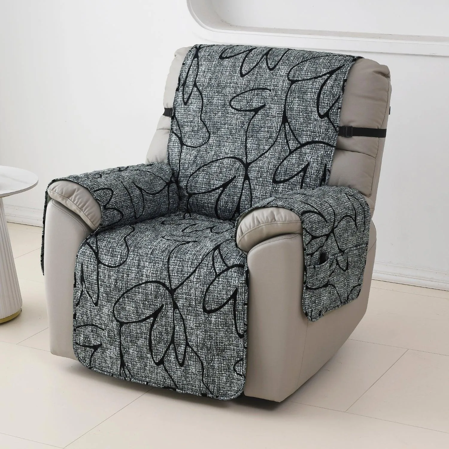 Quilted Recliner Water Repellent & Waterproof Cover for Small / Large - Intense Grey Abstract Floral