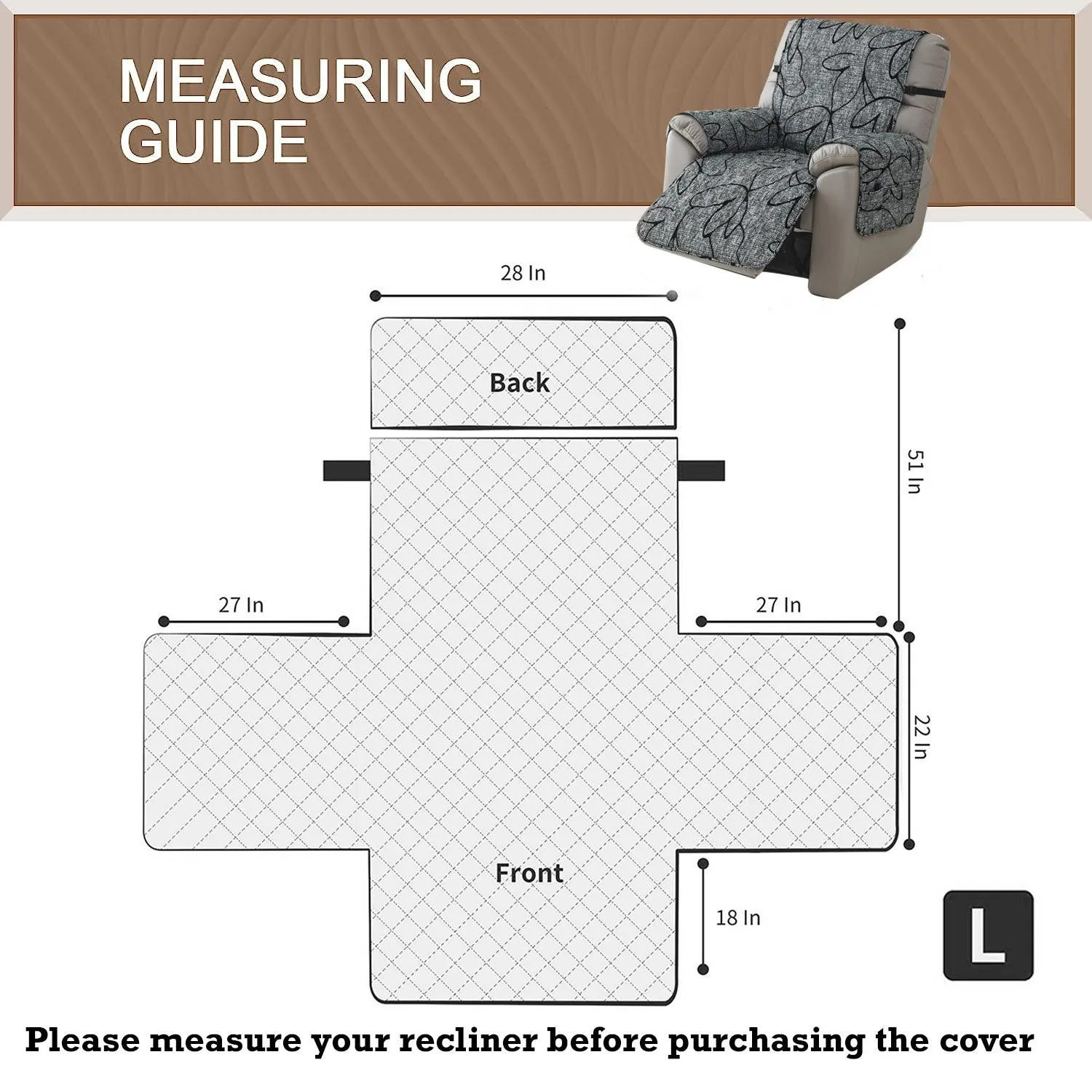 Quilted Recliner Water Repellent & Waterproof Cover for Small / Large - Intense Grey Abstract Floral