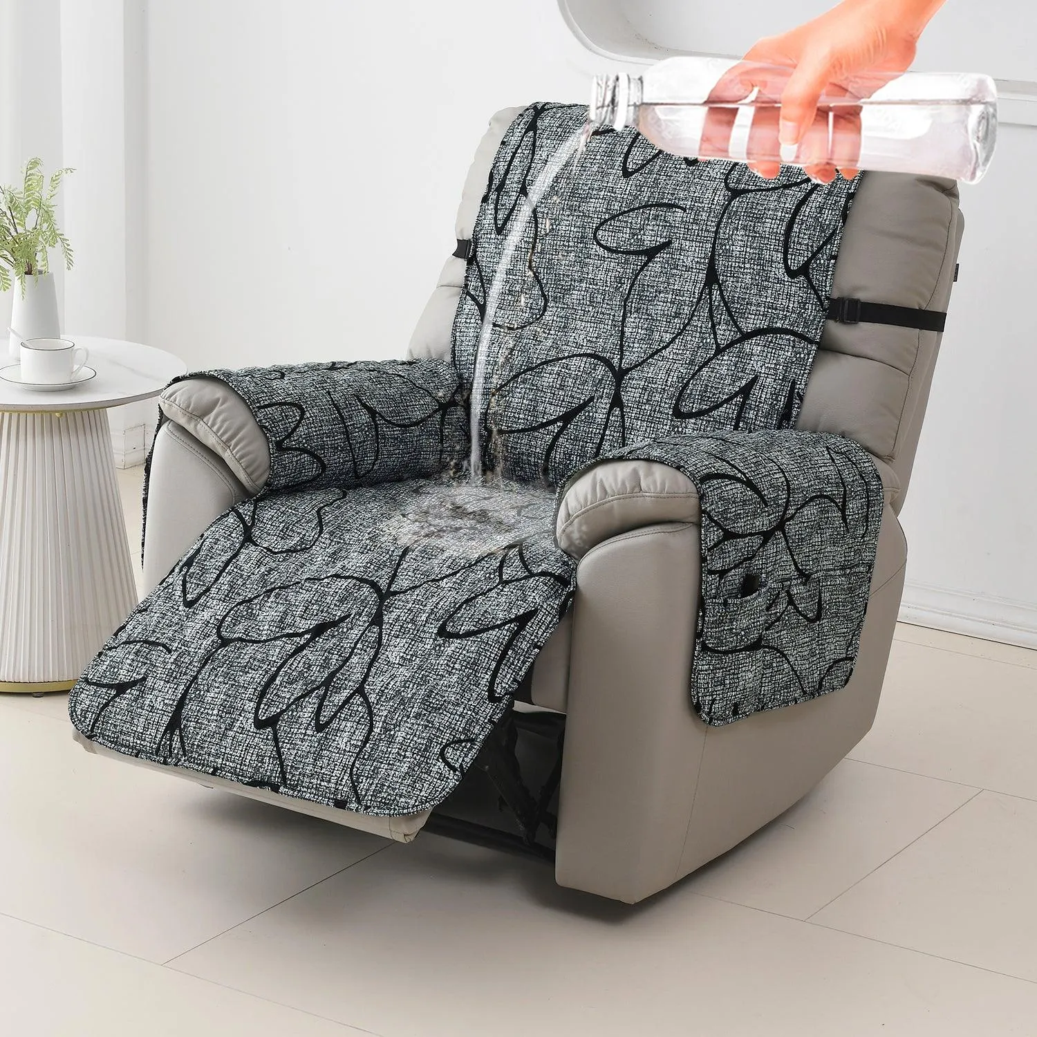 Quilted Recliner Water Repellent & Waterproof Cover for Small / Large - Intense Grey Abstract Floral