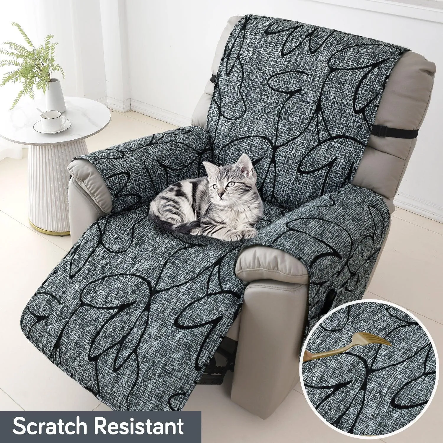 Quilted Recliner Water Repellent & Waterproof Cover for Small / Large - Intense Grey Abstract Floral