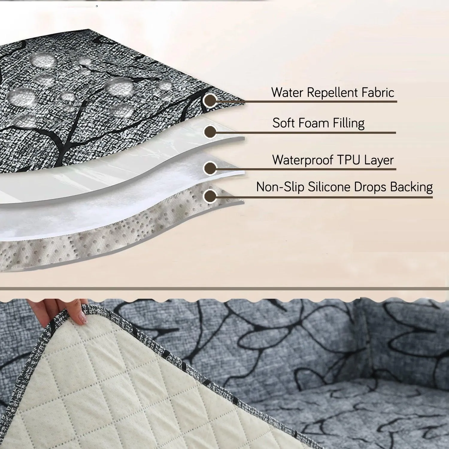 Quilted Recliner Water Repellent & Waterproof Cover for Small / Large - Intense Grey Abstract Floral