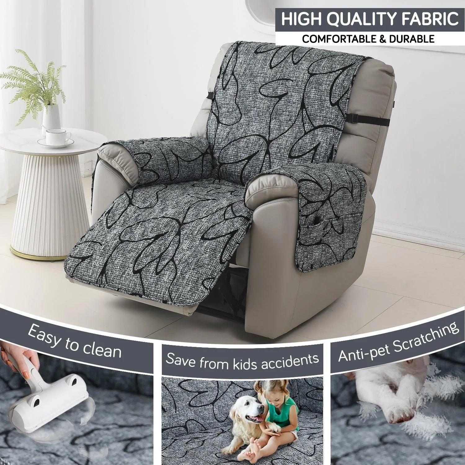 Quilted Recliner Water Repellent & Waterproof Cover for Small / Large - Intense Grey Abstract Floral