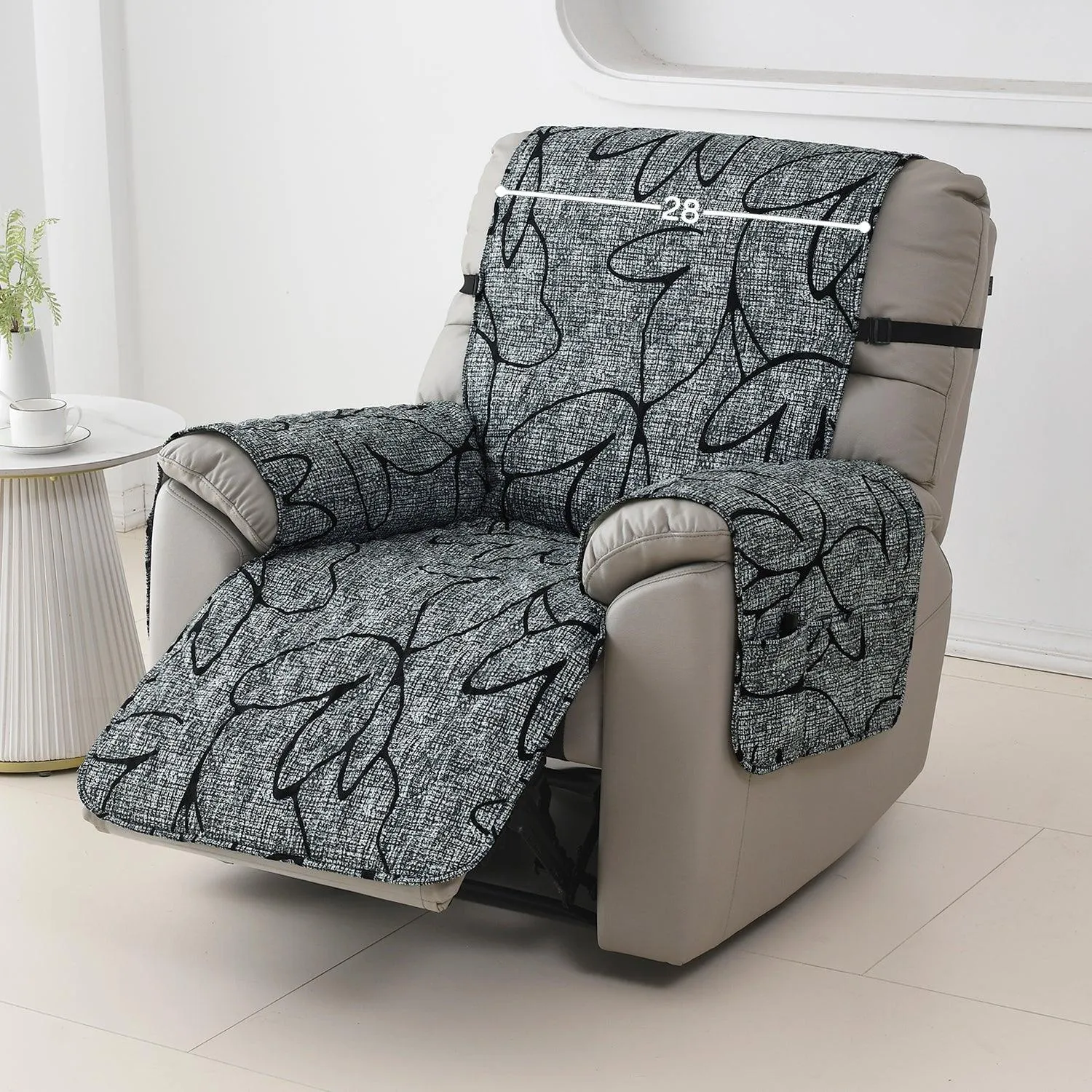 Quilted Recliner Water Repellent & Waterproof Cover for Small / Large - Intense Grey Abstract Floral